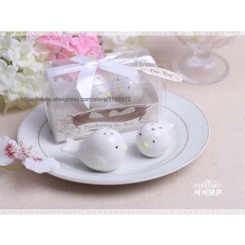 50sets=100pc Feathering the Nest Ceramic Love birds bird Salt and Pepper Shaker Shakers Wedding Party Favour Bomboniere Gift box