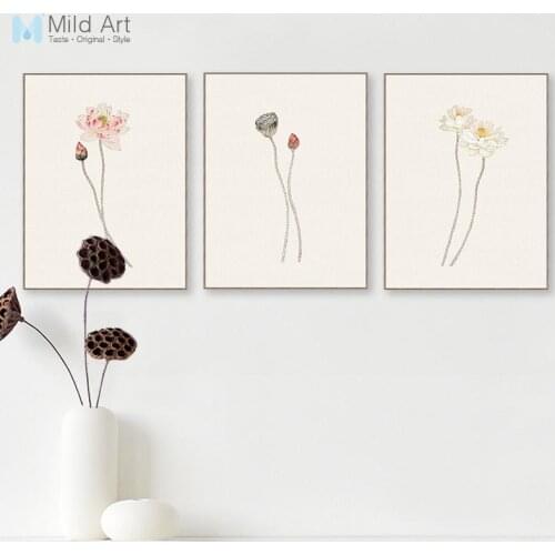 Watercolor Chinese Red Lotus Flowers Calligraphy Poster Prints Oriental Living Room Wall Art Pictures Home Decor Canvas Painting