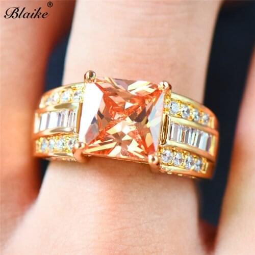 Blaike Retro Big Stone Champagne Cubic Zirconia Rings For Women Yellow Gold Filled Wedding Jewelry Anniversary Best Gifts