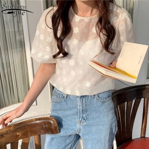 Fashion Elegant Embroidered Woman Blouses Korean Chic Solid Tops Summer 2021 Female Puff Short Sleeve Loose Women Shirt 14365