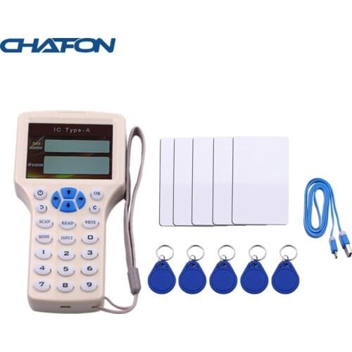 CHAFON English 10 frequency rfid reader key duplicator copier programmer support 125khz EM4305 T5577 Keyfob 13.56mhz F08 UID tag