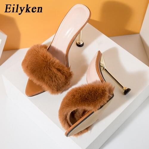 Eilyken New Summer Sexy Pointed Toe Fluffy Slippers Ladies Sandals Fashion Design Stiletto Heels Women Mules Shoes Fur Slides