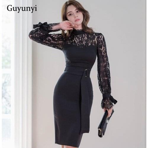 Elegant Office Dress 2021 Spring Waist Can Be Retracted Fashion Party Black Lace Stitching Long Sleeves High Waist Tight Dress