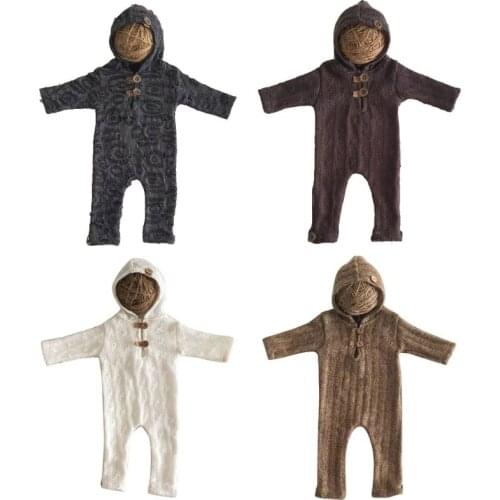 J60B Newborn Photography Props Suit Romper with Hat Long Sleeve Jumpsuits Bodysuit Handmade Knit Outfit Clothing Infants Gift