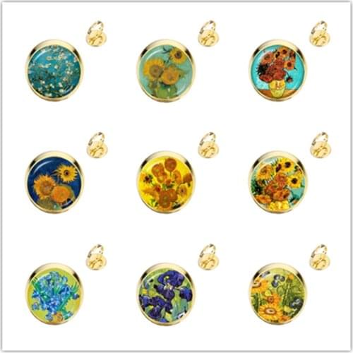 Van Gogh Oil Painting Adjustable Rings Fashion Golden-Plated Glass Cabochon Ring Starry Night Sunflower Jewelry Women Girl Gifts