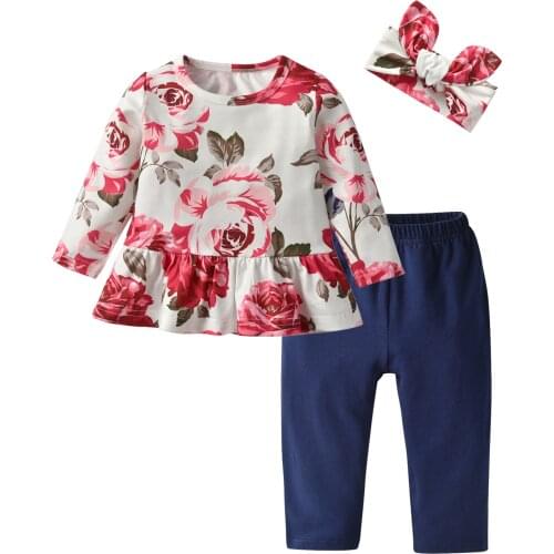Infant 3Pcs/set Outfits Girls Clothes Set Babies Floral Printed Round Collar Top+Legging Pants With Headband Baby Clothing