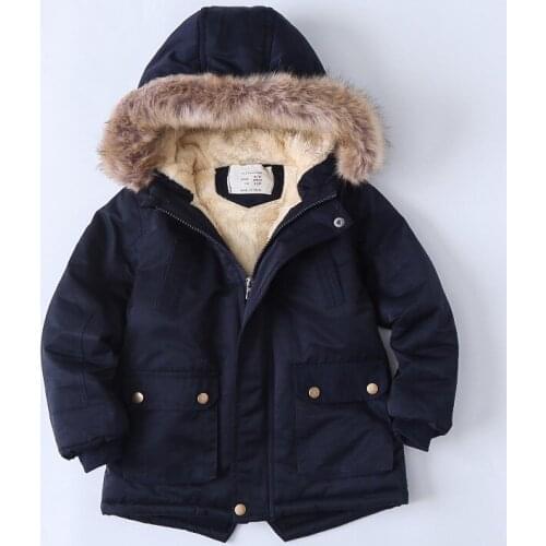 Winter Jacket For Girls Hooded Fur Collar Thicken Warm Plus Velvet Boys Coats Solid Childrens Cotton Padded Clothes 4-14 Years