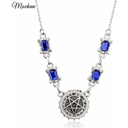 MQCHUN Fashion Anime Black Butler Pentagram Pendant Necklace Kuroshitsuji Blue Crystal Choker Necklace Cosplay Gifts Sebastian