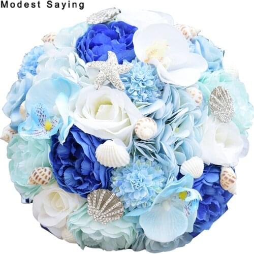 New Oceanic Spirit Blue Artificial Wedding Bouquets 2017 with Shell and Starfish Bridal Bridesmaid Flowers Wedding Accessories