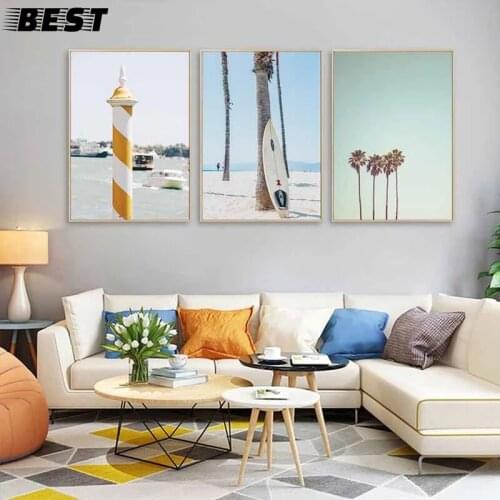 Nórdico amarelo ônibus palmeira paisagem pintura da lona oceano praia skate parede arte poster impressão estilo escandinavo deco