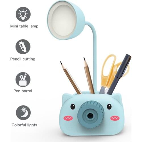 LED USB Rechargeable Table Desk Lamp Cute Cartoon Pen Holder with Pencil Sharpener Flexible Neck Eye-caring Night Light Stand