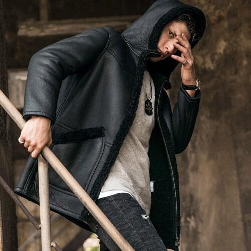 High Quality Fur one Mens Leather Jacket Hooded Genuine Leather Coat Men Winter Long Black Sheepskin Jackets