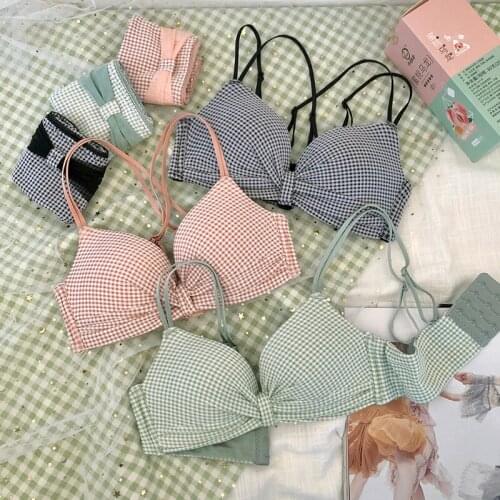 Wasteheart Women Fashion Pink Green Padded Bra Sets Lovely Mesh Panties Wireless Underwear Sexy Lingerie Sets A B Japanese