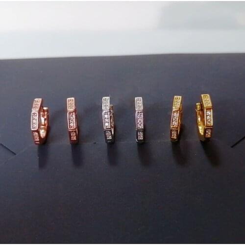 SLJELY Pure 925 Sterling Silver 3 Gold Colors Small Geometric Octagonal Hoop Earrings Cubic Zirconia Women Fashion Party Jewelry