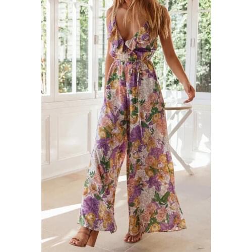 Foridol Floral Print Boho Summer Ruffle Jumpsuits Overalls Women Sleeveless V Neck Wide Leg Long Rompers Playsuits Beach Overall