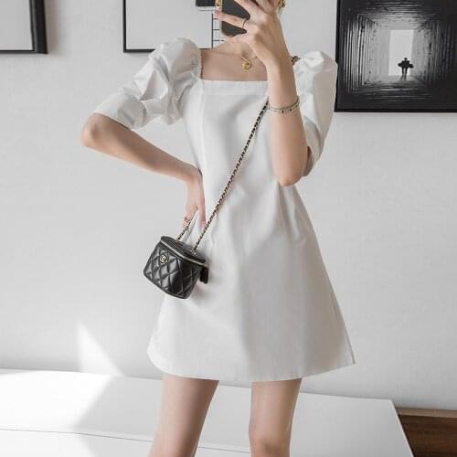 Johnature 2021 Summer New Fashion OL Puff Sleeve Mini Dress Slash Neck Loose Solid Color Casual Solid Color Women Dresses
