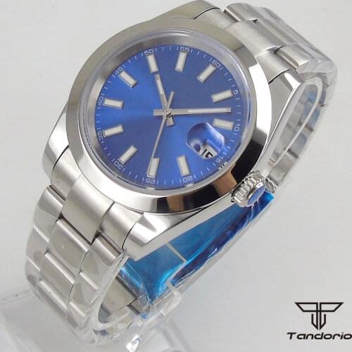 36mm tandorio MIYOTA 8215 Movement Mens Watch Blue Dial Sapphire glass Date Steel Bracelet
