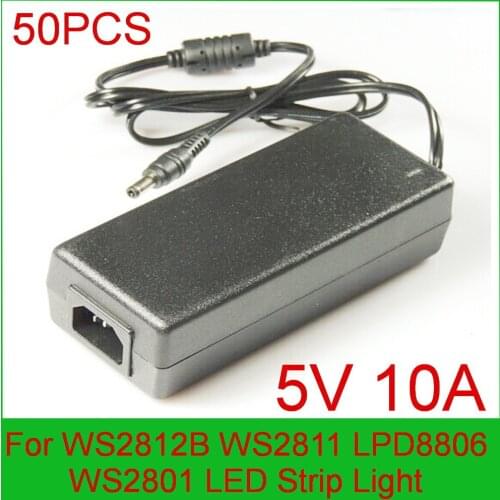 High quality 50PCS DC 5V 10A LED Power Supply For WS2812B WS2811 LPD8806 WS2801 LED Strip Light +White box packaging