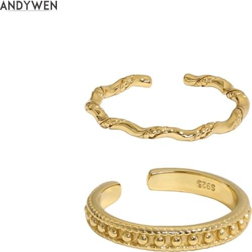 ANDYWEN 925 Sterling Silver Gold Twist Slim Resizable Ring Beads Adjustable Rings Women Fine Jewelry Rock Punk Wedding Gift