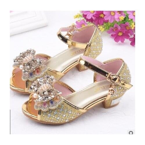 Children Princess Shoes for Girls Sandals High Heel Glitter Shiny Rhinestone shoes kids 26-37