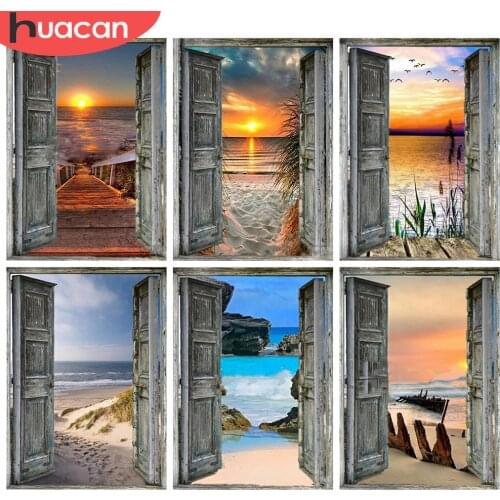 HUACAN 5D DIY Diamond Painting Full Round Square Door Sunset Diamond Embroidery Cross Stitch Landscape Seaside Mosaic Wall Art