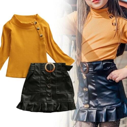 Boutique Girl Clothes 2020 Toddler Kid Baby Girl Clothes Outfit Knitted Shirt Top +PU Skirts 2PCS Size 2-6Y