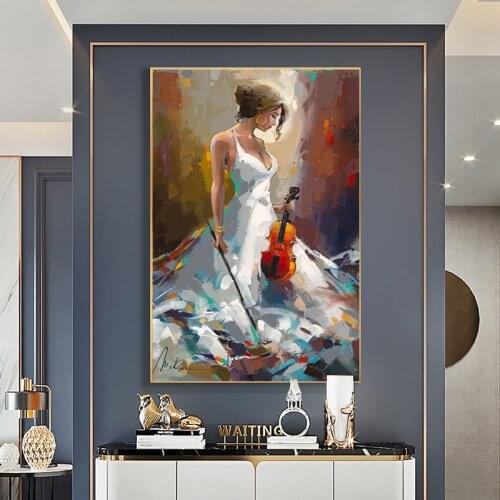 Modern Elegant White Dress Girl Oil Painting Canvas Abstract Classical Violin Wall Art Poster Picture for Living Room Decorative