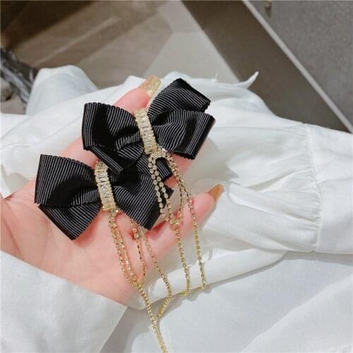 Korean Fashion Fabric Pearl Bow Tassel Earring Bowknot Rhinestone Crystal Dangle Earrings for Women Luxulty Jewelry Gifts