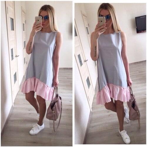 Summer Fashion Women Ruffle Mini Loose Dress Lady O Neck Sleeveless Patchwork Party Vestidos WDC4483