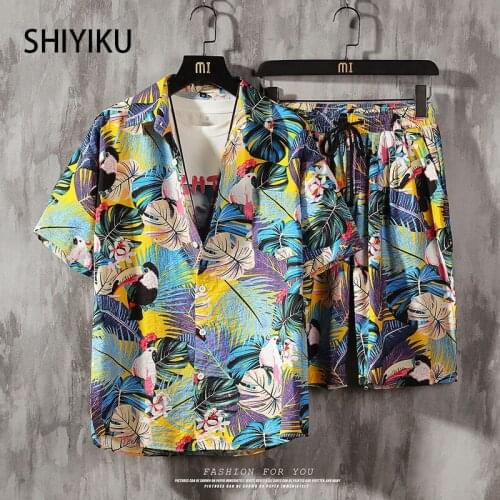 SHIYIKU Brand Mens Short Sleeve Hawaiian Shirt Shorts Summer Casual Floral Shirt Beach Two Piece Suit 2021 New Fashion Men Sets