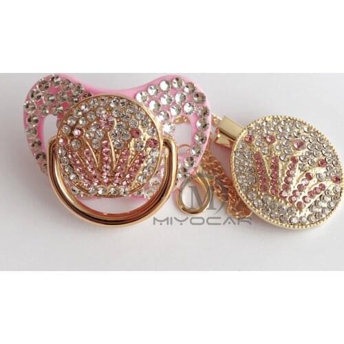 MIYOCAR bling bling pink stones crown pacifier dummy and pacifier clip and holder set BPA free FDA grade unique pacifier dummy