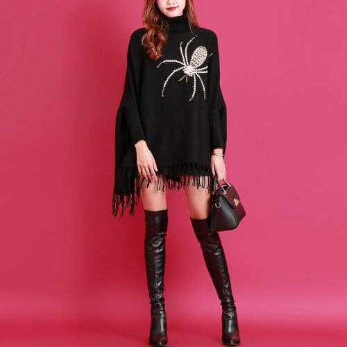 ZJZLL Custom Design Winter Spider Collar Oversize Cape Coat Loose Batwing Sleeves Cloak Sequined Pullover Sweater Poncho Shawl
