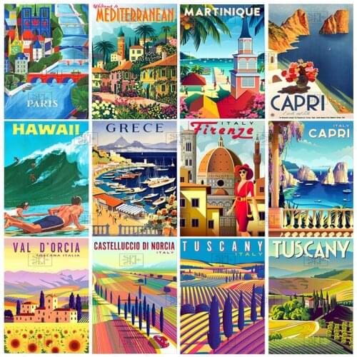 Vintage Famous City Landscape Posters Metal Tin Signs Italy France Greece Hawaii Retro Plate Wall Art Decor for Living Room Home