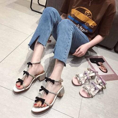 Koovan womens sandals 2020 New Chunky Heel Bow Rhinestone Sandals trend shoes for girls women slippers