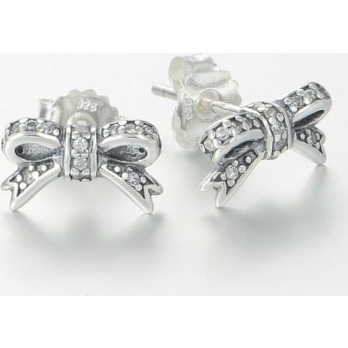 Real 925 Sterling Silver Earrings Clear CZ Sparkling Bow Stud Earrings for Women Fashion Jewelry pendientes mujer berloques