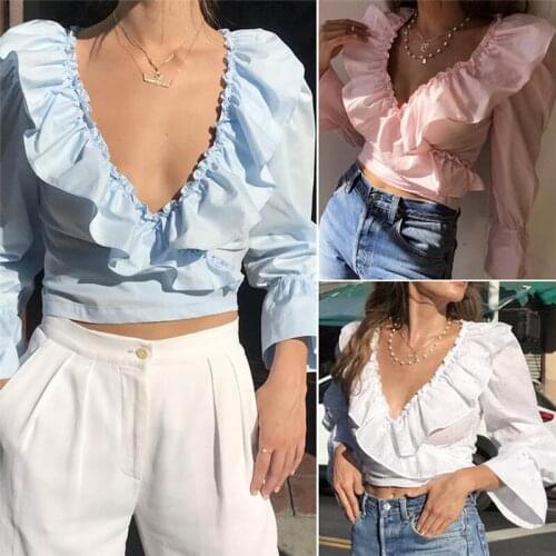 Womens Crop Tops V-neck Long Sleeve Ruffled Slim Fit Casual Solid T-Shirts
