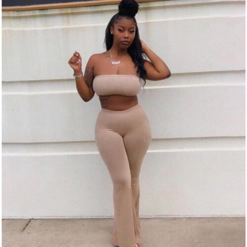 Womens Solid Two Pieces Outfits Sleeveless Strapless Tube Wrap Crop Top High Waist Bodycon Long Flared Pants Sexy Yoga Legging