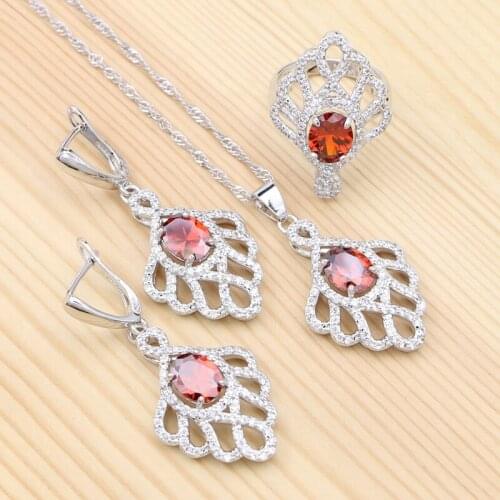 925 Silver Bridal Jewelry Sets For Women Red Cubic Zirconia White Crystal Earrings/Pendant/Necklace/Ring Wedding Set