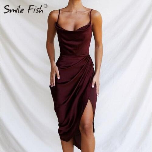 Spaghetti Strap Sexy Lady Formal Dress Satin Backless Dress Spring Outwear 2021 Fashion Women Split Drawstring Party Dress G2245