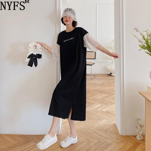 NYFS Summer Dress 2021 Korean New Patchwork Lace Short Sleeve Woman Dress Vestidos Robe Elbise Loose Solid Long Dress