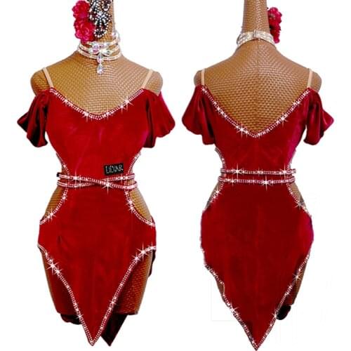 2021 Latin Dance Dress Female Off-Shoulder Crystal Red Velvet Dress Latin Competition Clothes Salsa Rumba Stage Costume BL6748