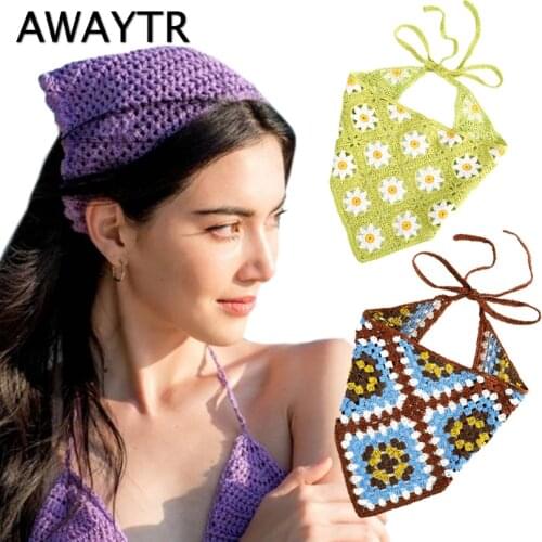 AWAYTR Women Flower Hairband New Crochet Triangle Bandanas Headband Elastic Hair Bands Turban Headbands Autumn Hair Accessories