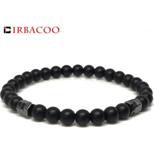 IRBACOO 2020 Brand Fashion Men Bracelet Black Matte Stone With Nut Shape Hematite beads For Men Strand Bracelets Jewelry Gift