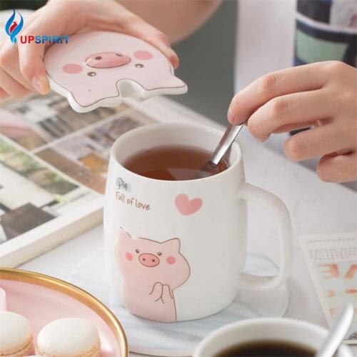 Upspirit 500mL Ceramics Cute Pig Mug with Lid Spoon Coffee Milk Tea Cup Water Drinking Glasses Tumbler Creative Gift Drinkware