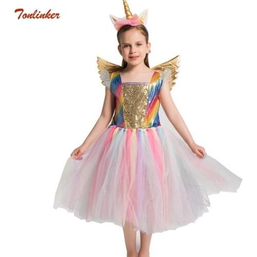 Girls Unicorn Costume With Headband And Wings Pony Rainbow Tutu Dress Disfraz Unicornio Sets for Kids Halloween Theme Party Dres