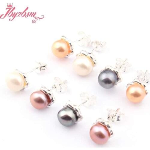 6mm Round Beads Genuine Freshwater Pearl Natural Stone Beads Flower Silver Fashion Woman Studs Earrings 1 Pair Free Shipping