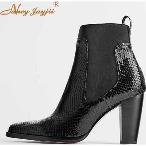 Nancyjayjii adult boots black solid patent leather ankle set mouth pointed high heels sexy mature simple 2019 large size 4-16