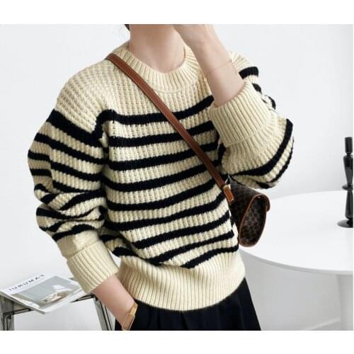 Obrix O-Neck Stripped Female Autumn Winter Pullover Stylish Long Sleeve Loose Fit Cotton Sweater For Women