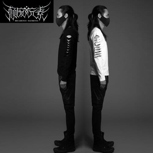 Original Design Gothic Hollow Hole T-shirt Personality Slim Nightclub Alternative Punk Long Sleeve Mens T-shirt Black and White