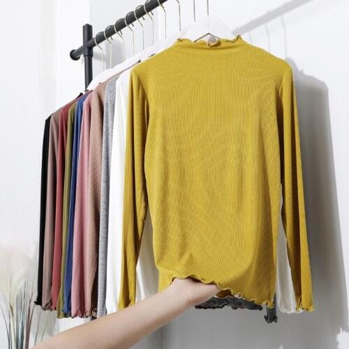 Autumn Winter Solid Color Long Sleeve T Shirt Women Half High Neck Candy Color Striped Undershirt Women Tshirt